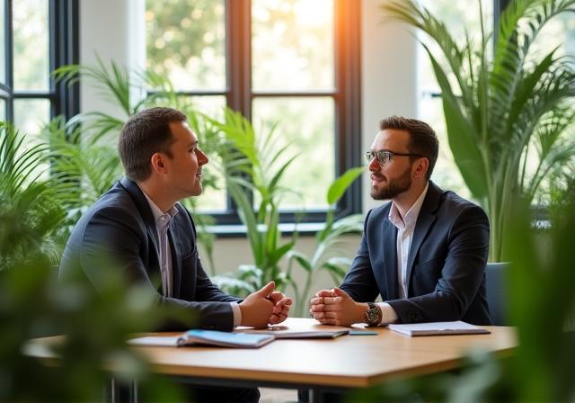Expert en conseil environnemental discutant avec un client dans un bureau moderne et végétalisé