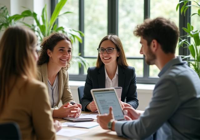 Réunion stratégique sur le développement durable dans un bureau lumineux